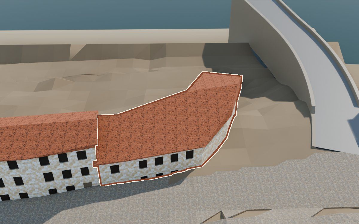 Casa de la Carretera en la reconstrucción 3D, vista desde su calle, con su contorno marcado en teja entre las casas de alrededor