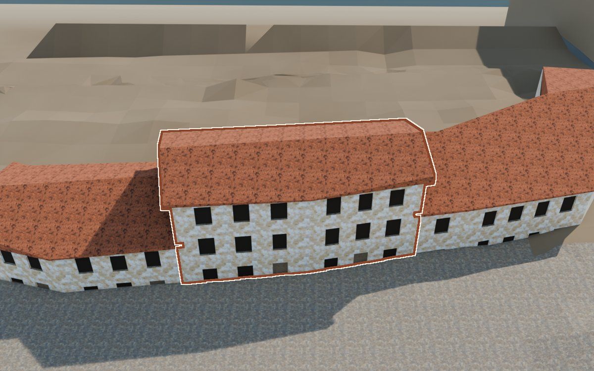 Casa de la Carretera en la reconstrucción 3D, vista desde su calle, con su contorno marcado en teja entre las casas de alrededor