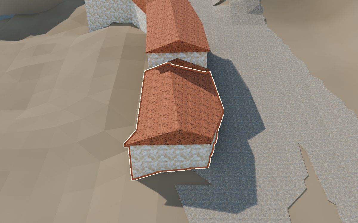 Casa de la Carretera en la reconstrucción 3D, vista desde su calle, con su contorno marcado en teja entre las casas de alrededor