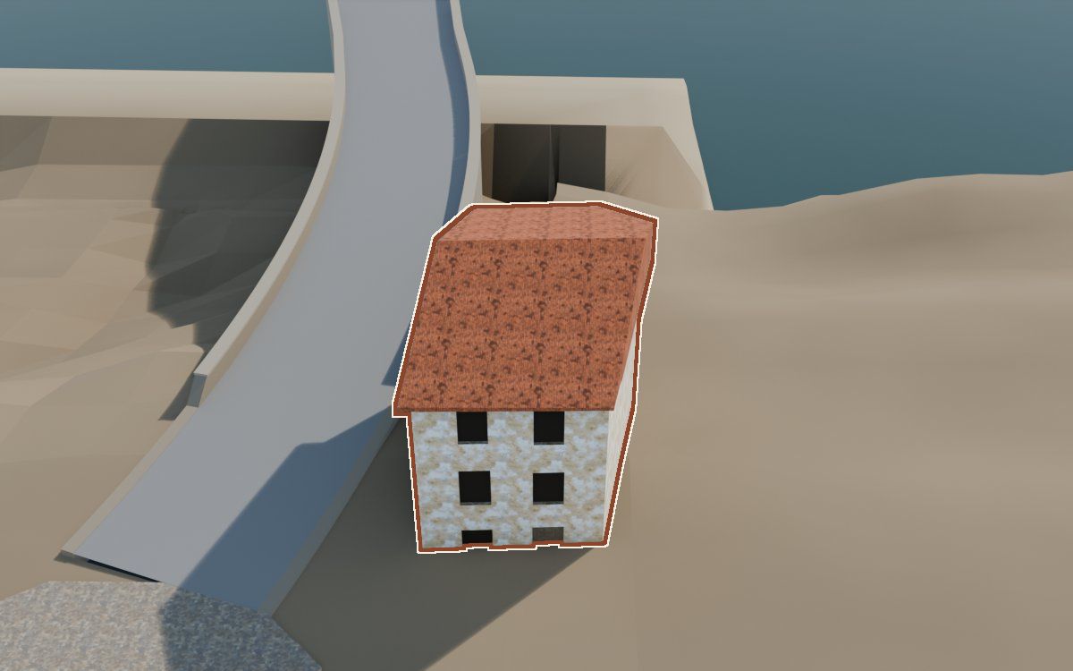 Casa de la Carretera en la reconstrucción 3D, vista desde su calle, con su contorno marcado en teja entre las casas de alrededor