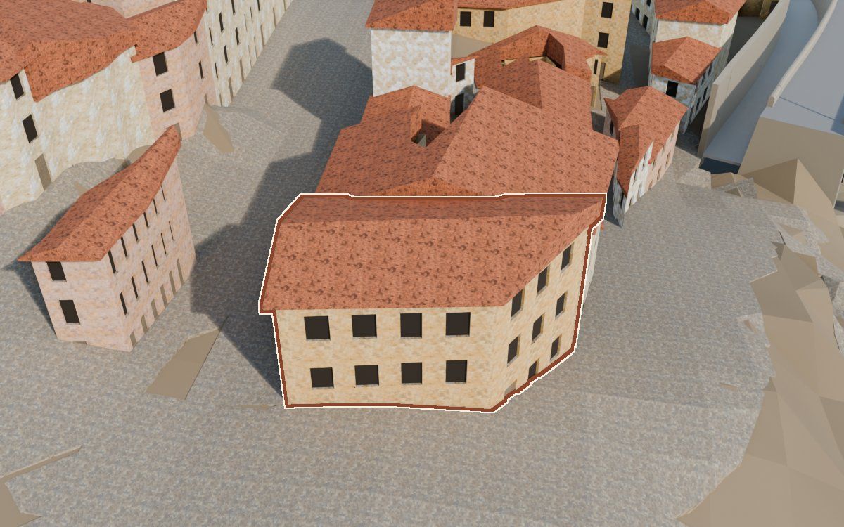 Casa de la Carretera en la reconstrucción 3D, vista desde su calle, con su contorno marcado en teja entre las casas de alrededor