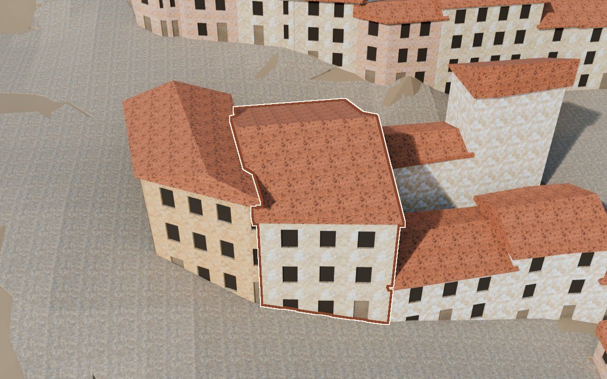 Casa del Carrer Saragossa (Calle Zaragoza) en la reconstrucción 3D, vista desde su calle, con su contorno marcado en teja entre las casas de alrededor