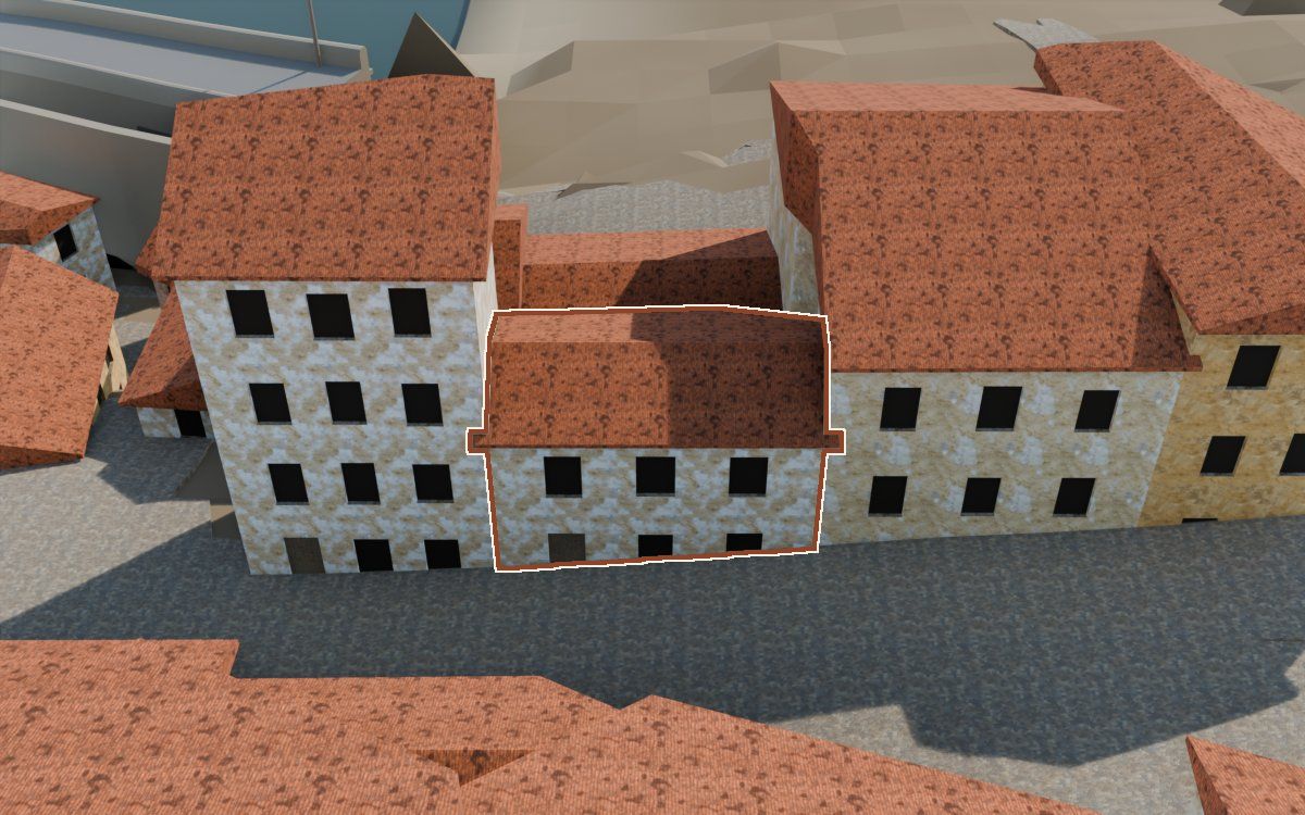 Casa del Carrer Saragossa (Calle Zaragoza) en la reconstrucción 3D, vista desde su calle, con su contorno marcado en teja entre las casas de alrededor