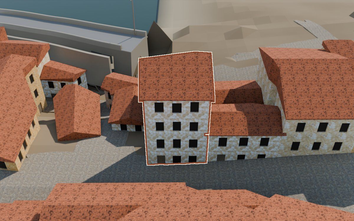 Casa del Carrer Saragossa (Calle Zaragoza) en la reconstrucción 3D, vista desde su calle, con su contorno marcado en teja entre las casas de alrededor