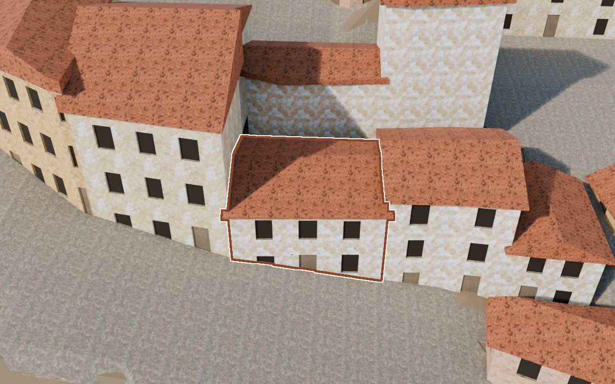 Casa de la Carretera en la reconstrucción 3D, vista desde su calle, con su contorno marcado en teja entre las casas de alrededor