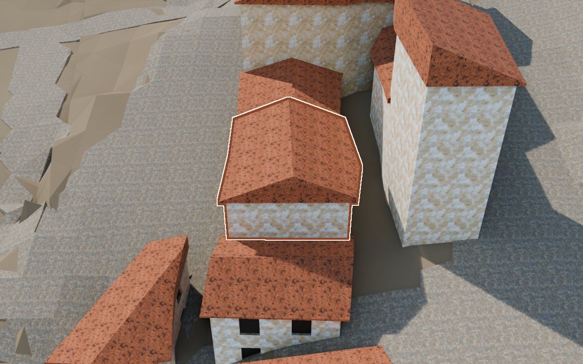 Casa de la Carretera en la reconstrucción 3D, vista desde su calle, con su contorno marcado en teja entre las casas de alrededor