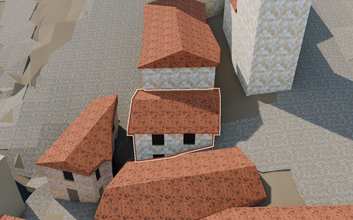 Casa de la Costereta la Barca (Cuesta de la Barca) en la reconstrucción 3D, vista desde su calle, con su contorno marcado en teja entre las casas de alrededor