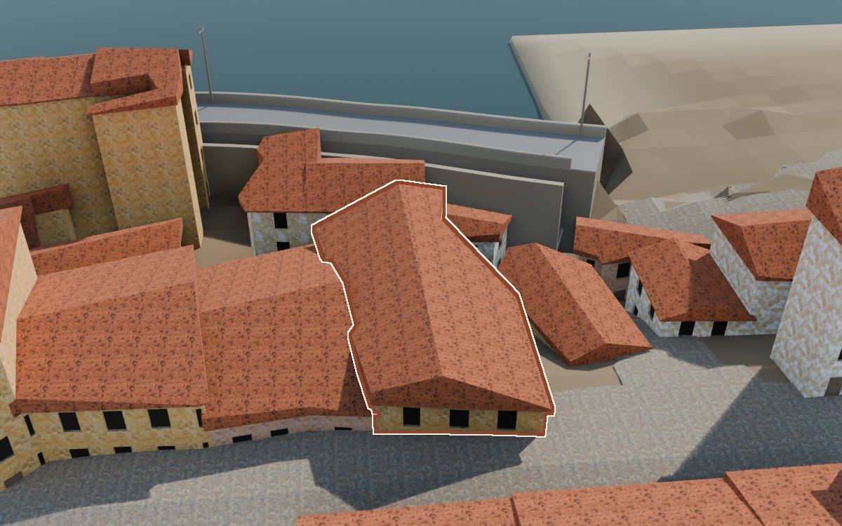 Casa del Carrer Saragossa (Calle Zaragoza) en la reconstrucción 3D, vista desde su calle, con su contorno marcado en teja entre las casas de alrededor