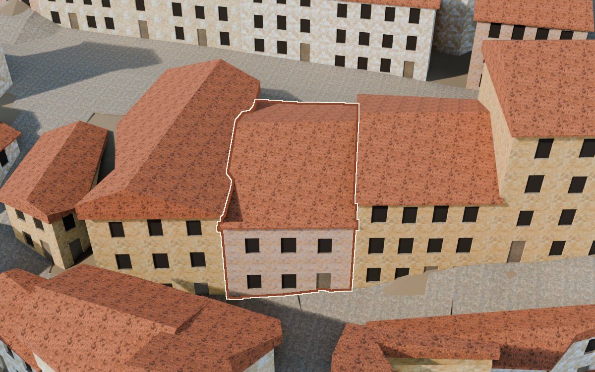 Casa del Carrer de la Barca (Calle de la Barca) en la reconstrucción 3D, vista desde su calle, con su contorno marcado en teja entre las casas de alrededor