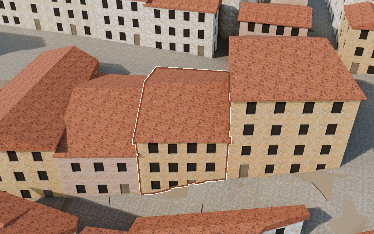 Casa del Carrer de la Barca (Calle de la Barca) en la reconstrucción 3D, vista desde su calle, con su contorno marcado en teja entre las casas de alrededor