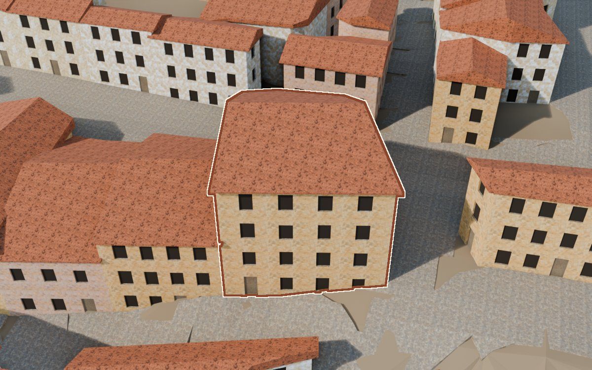 Casa del Carrer de la Barca (Calle de la Barca) en la reconstrucción 3D, vista desde su calle, con su contorno marcado en teja entre las casas de alrededor