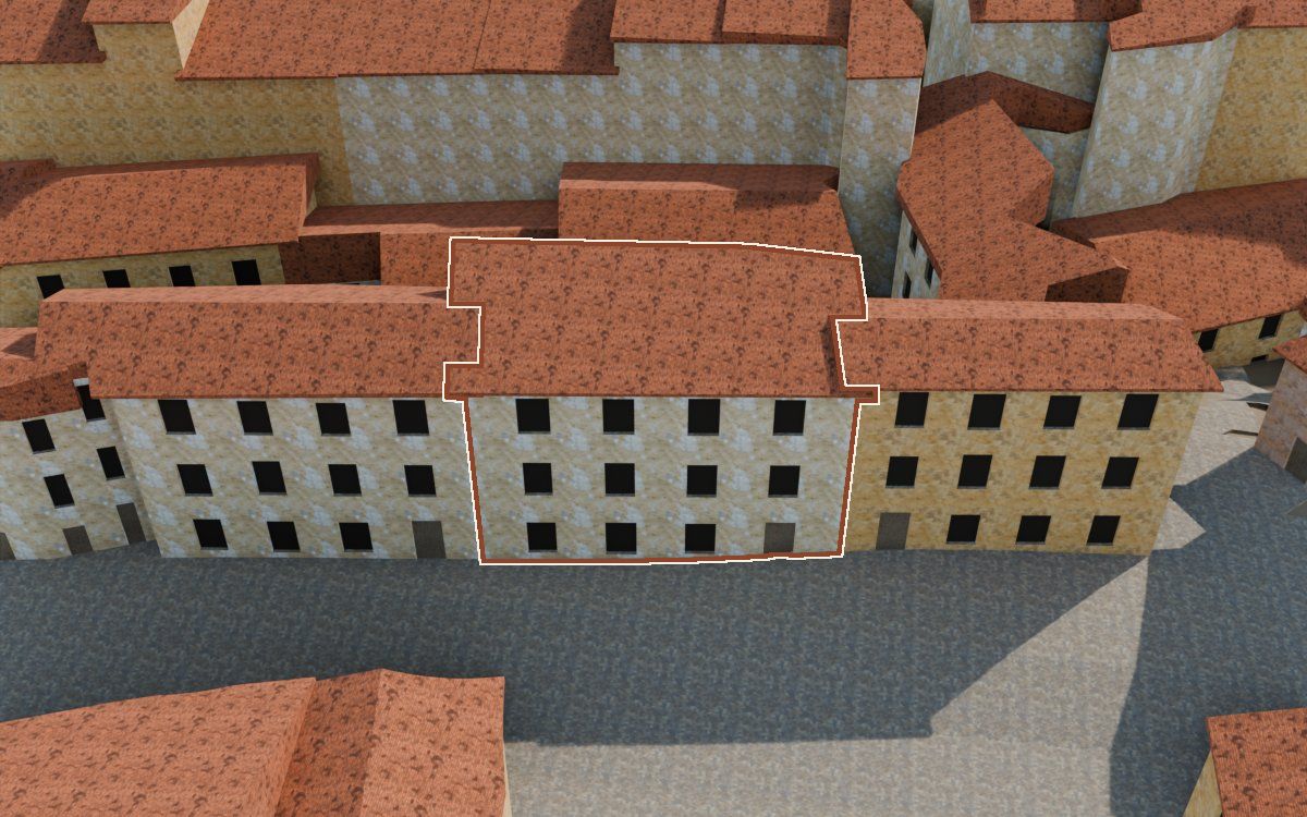 Casa del Carrer Saragossa (Calle Zaragoza) en la reconstrucción 3D, vista desde su calle, con su contorno marcado en teja entre las casas de alrededor