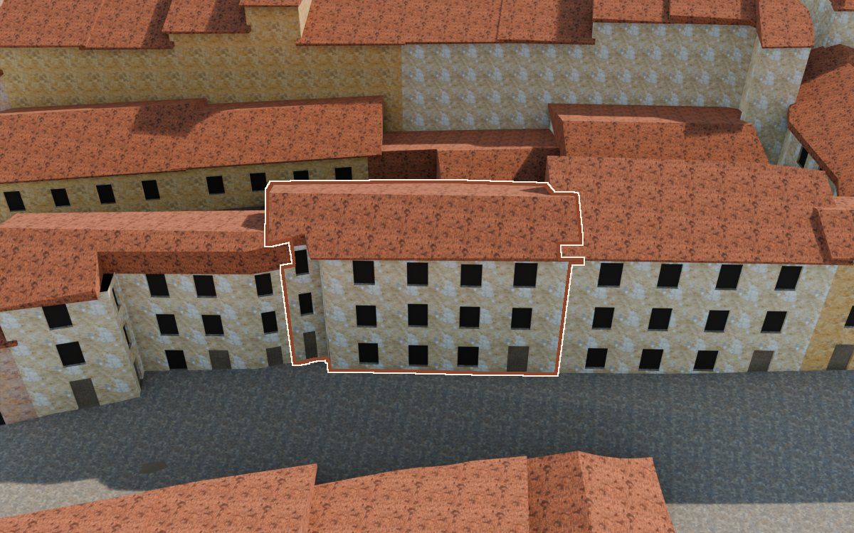Casa del Carrer Saragossa (Calle Zaragoza) en la reconstrucción 3D, vista desde su calle, con su contorno marcado en teja entre las casas de alrededor