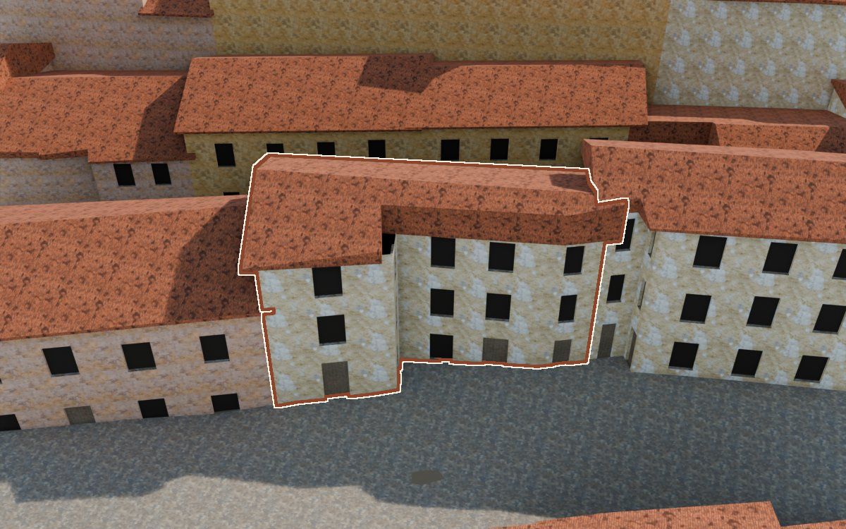 Casa del Carrer Saragossa (Calle Zaragoza) en la reconstrucción 3D, vista desde su calle, con su contorno marcado en teja entre las casas de alrededor