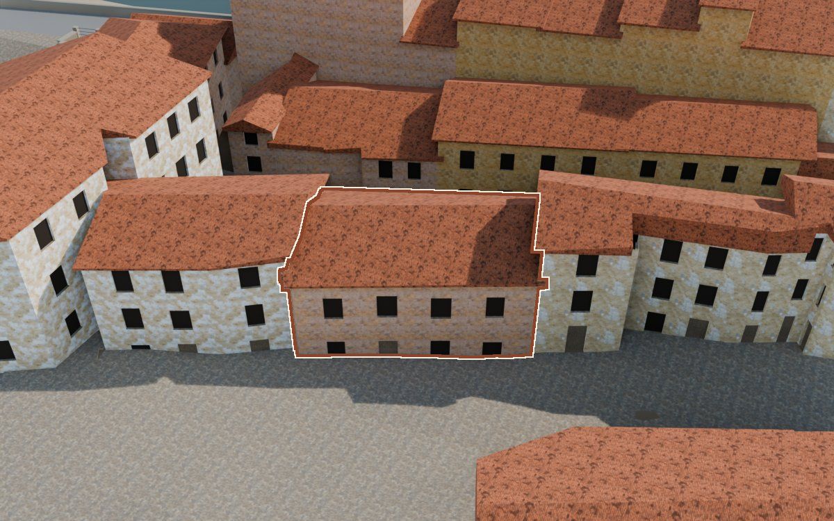 Casa del Carrer Saragossa (Calle Zaragoza) en la reconstrucción 3D, vista desde su calle, con su contorno marcado en teja entre las casas de alrededor