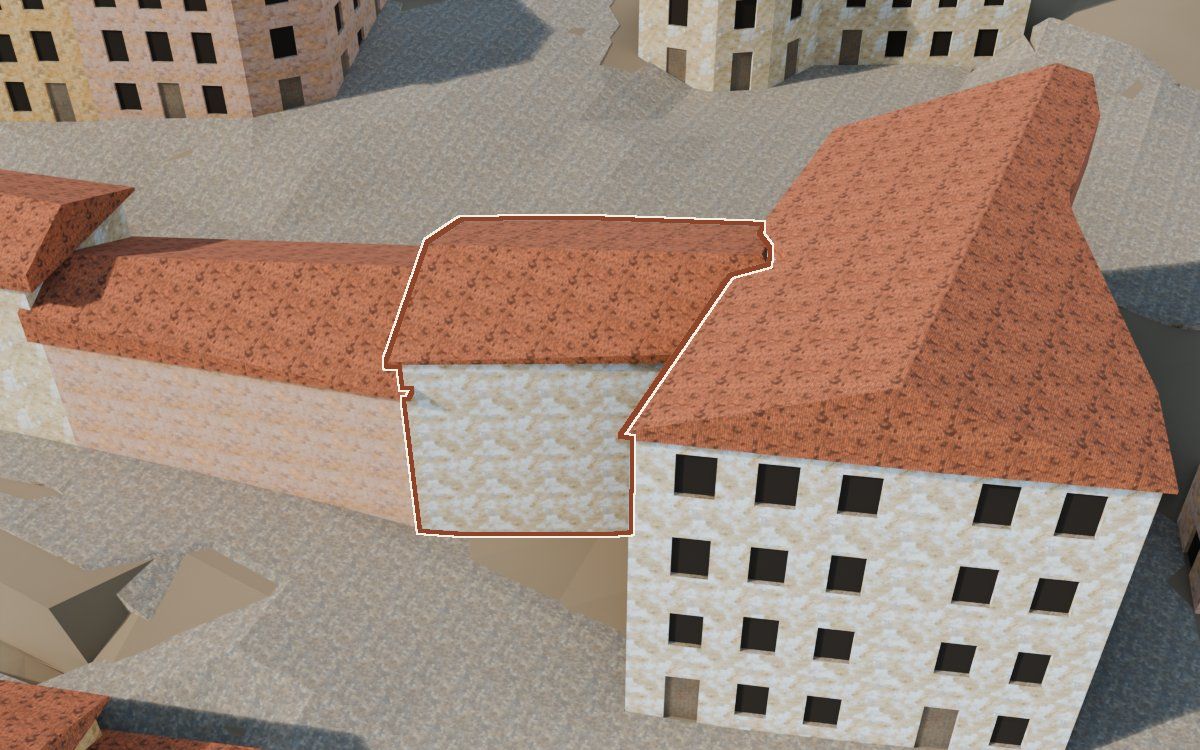 Casa del Carrer Saragossa (Calle Zaragoza) en la reconstrucción 3D, vista desde su calle, con su contorno marcado en teja entre las casas de alrededor