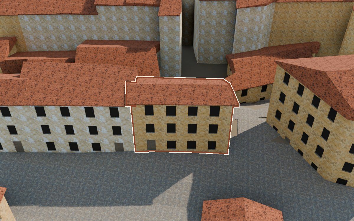 Casa del Carrer Saragossa (Calle Zaragoza) en la reconstrucción 3D, vista desde su calle, con su contorno marcado en teja entre las casas de alrededor