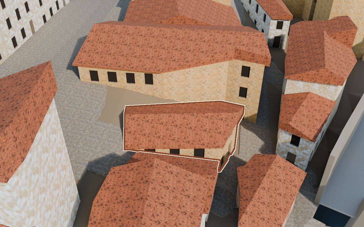 Casa de la Costereta la Barca (Cuesta de la Barca) en la reconstrucción 3D, vista desde su calle, con su contorno marcado en teja entre las casas de alrededor
