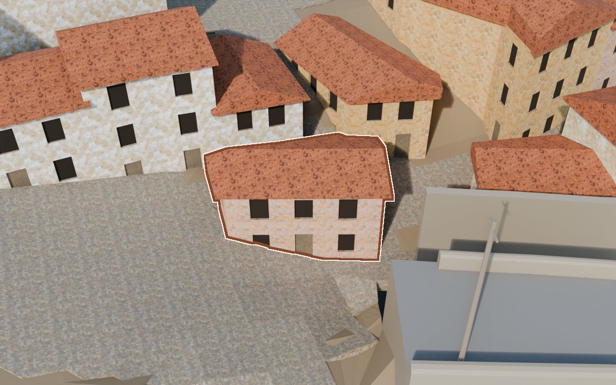 Casa de la Carretera en la reconstrucción 3D, vista desde su calle, con su contorno marcado en teja entre las casas de alrededor