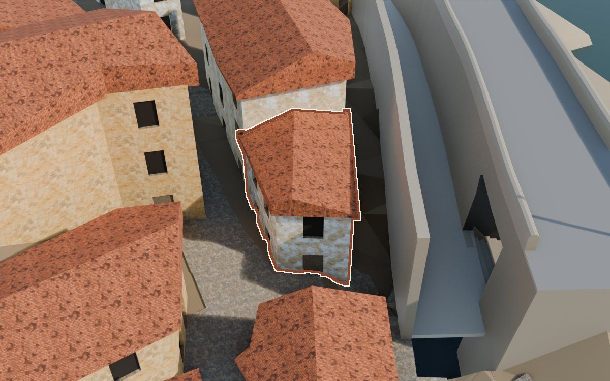 Casa del Carrer de la Barca (Calle de la Barca) en la reconstrucción 3D, vista desde el lado en que mejor se ve, con su contorno marcado en teja entre las casas de alrededor