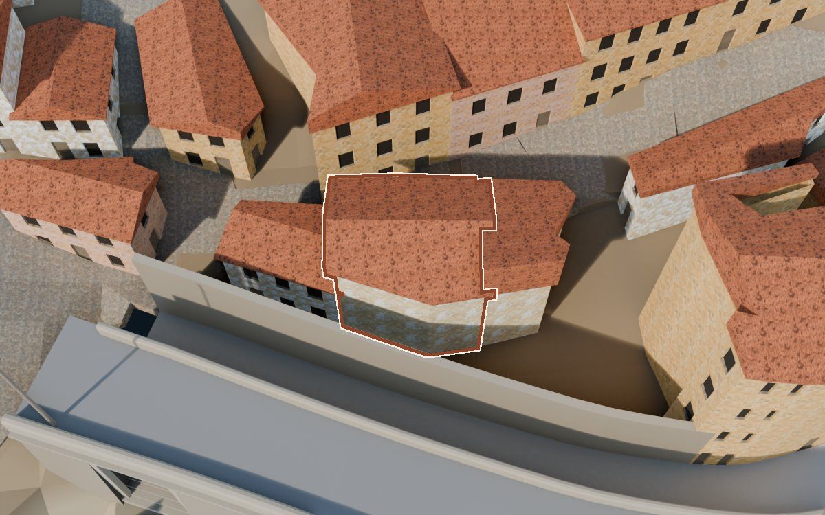 Casa del Carrer de la Barca (Calle de la Barca) en la reconstrucción 3D, vista desde el lado en que mejor se ve, con su contorno marcado en teja entre las casas de alrededor