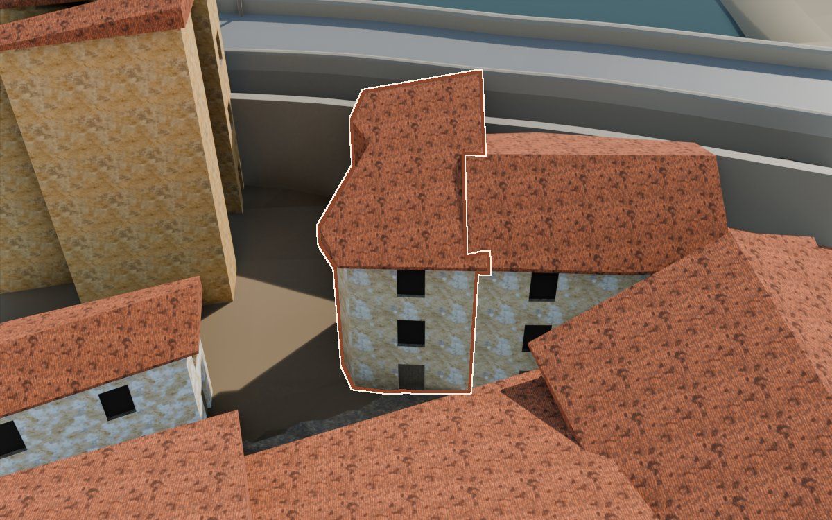 Casa del Carrer de la Barca (Calle de la Barca) en la reconstrucción 3D, vista desde el lado en que mejor se ve, con su contorno marcado en teja entre las casas de alrededor