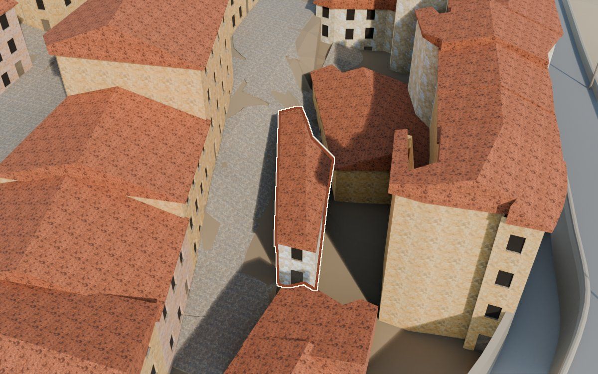 Casa del Carrer de la Barca (Calle de la Barca) en la reconstrucción 3D, vista desde el lado en que mejor se ve, con su contorno marcado en teja entre las casas de alrededor