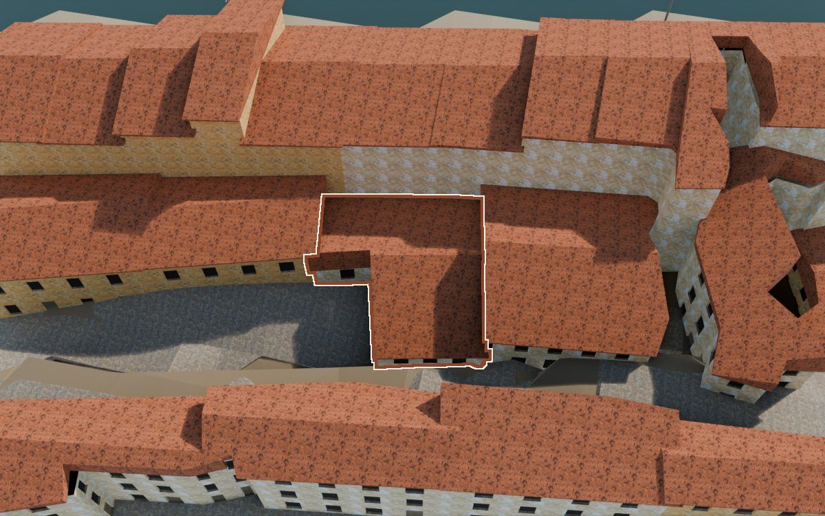 Casa del Carrer de la Barca (Calle de la Barca) en la reconstrucción 3D, vista desde el lado en que mejor se ve, con su contorno marcado en teja entre las casas de alrededor
