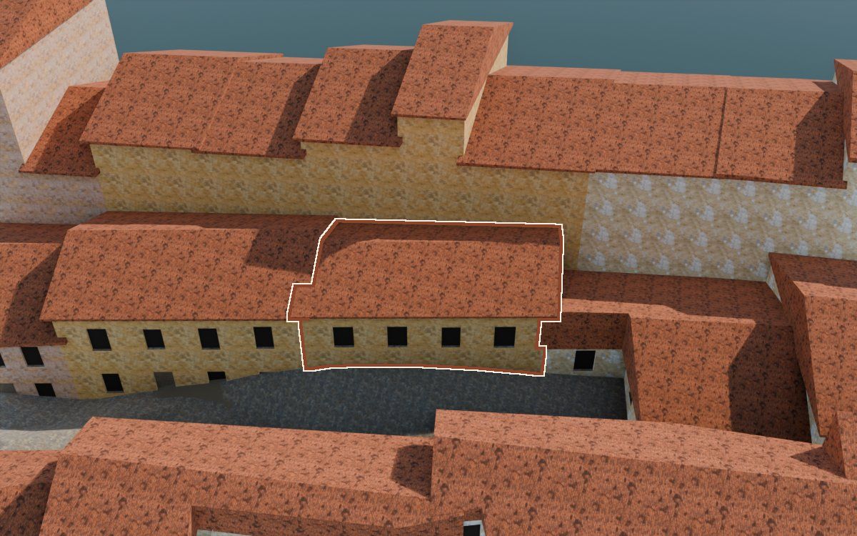 Casa del Carrer de la Barca (Calle de la Barca) en la reconstrucción 3D, vista desde su calle, con su contorno marcado en teja entre las casas de alrededor