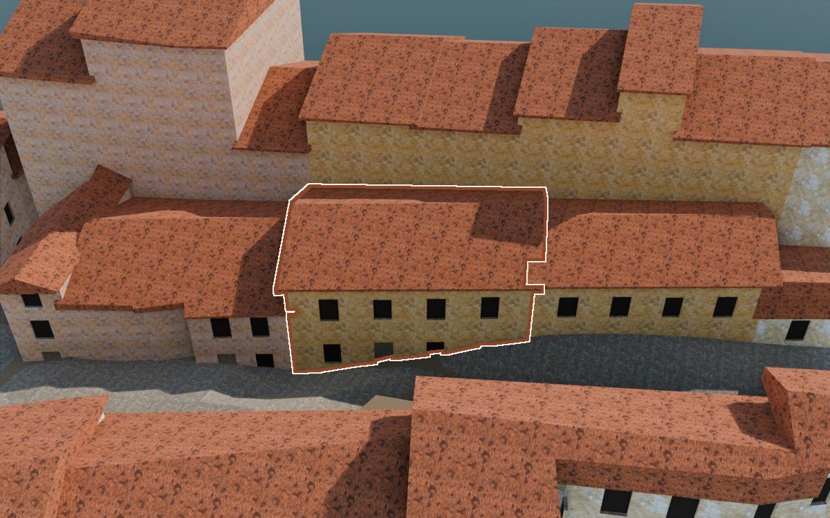 Casa del Carrer de la Barca (Calle de la Barca) en la reconstrucción 3D, vista desde su calle, con su contorno marcado en teja entre las casas de alrededor