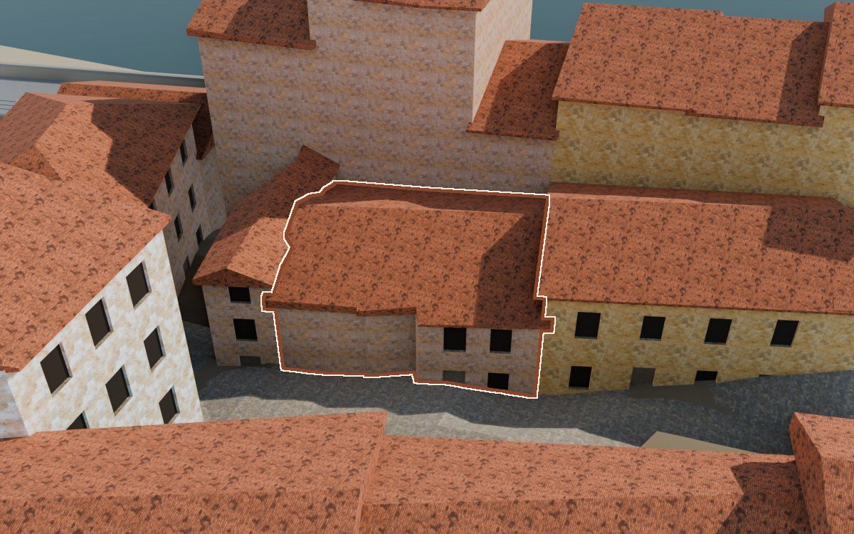 Casa del Carrer de la Barca (Calle de la Barca) en la reconstrucción 3D, vista desde su calle, con su contorno marcado en teja entre las casas de alrededor