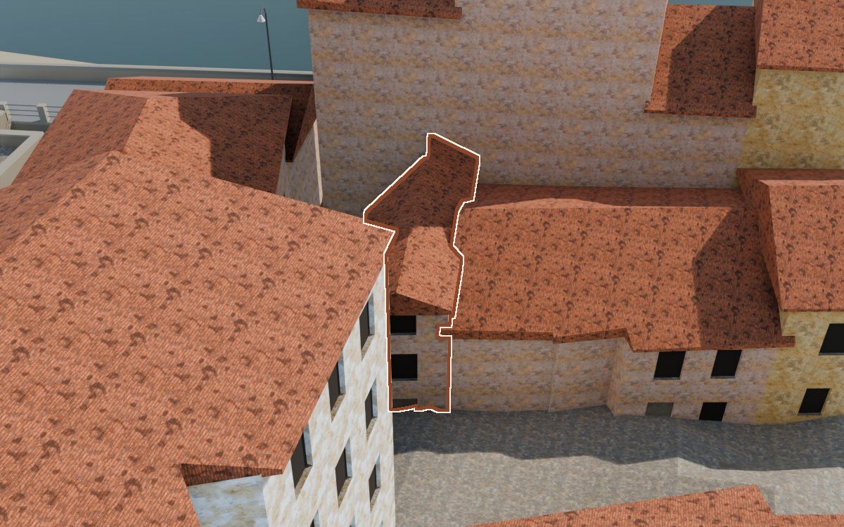 Casa del Carrer de la Barca (Calle de la Barca) en la reconstrucción 3D, vista desde su calle, con su contorno marcado en teja entre las casas de alrededor