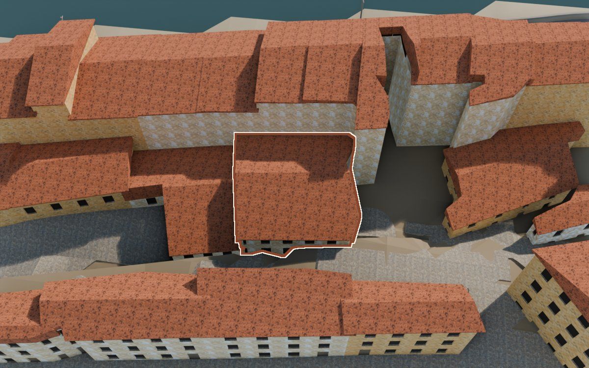 Casa del Carrer de la Barca (Calle de la Barca) en la reconstrucción 3D, vista desde el lado en que mejor se ve, con su contorno marcado en teja entre las casas de alrededor