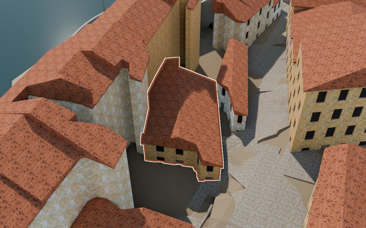 Casa del Carrer de la Barca (Calle de la Barca) en la reconstrucción 3D, vista desde el lado en que mejor se ve, con su contorno marcado en teja entre las casas de alrededor