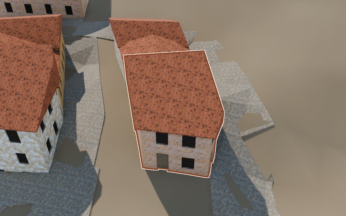 Casa del Carrer de Santa Agatòquia (Calle Santa Agatoclia) en la reconstrucción 3D, vista desde el lado en que mejor se ve, con su contorno marcado en teja entre las casas de alrededor