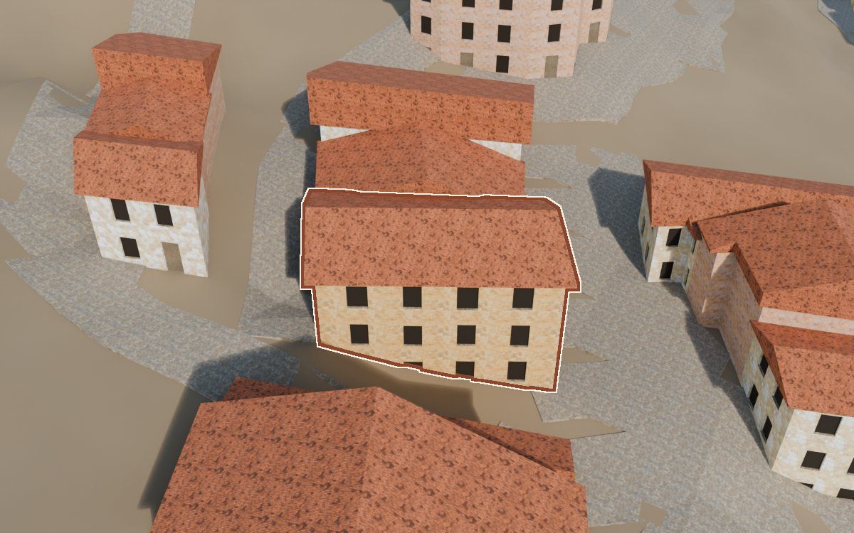 Casa del Carrer del Casino (Calle del Casino) en la reconstrucción 3D, vista desde su calle, con su contorno marcado en teja entre las casas de alrededor