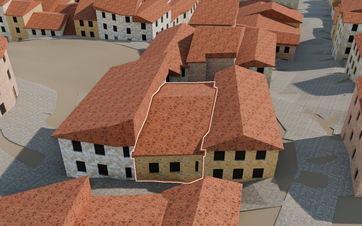 Casa del Carrer del Casino (Calle del Casino) en la reconstrucción 3D, vista desde su calle, con su contorno marcado en teja entre las casas de alrededor