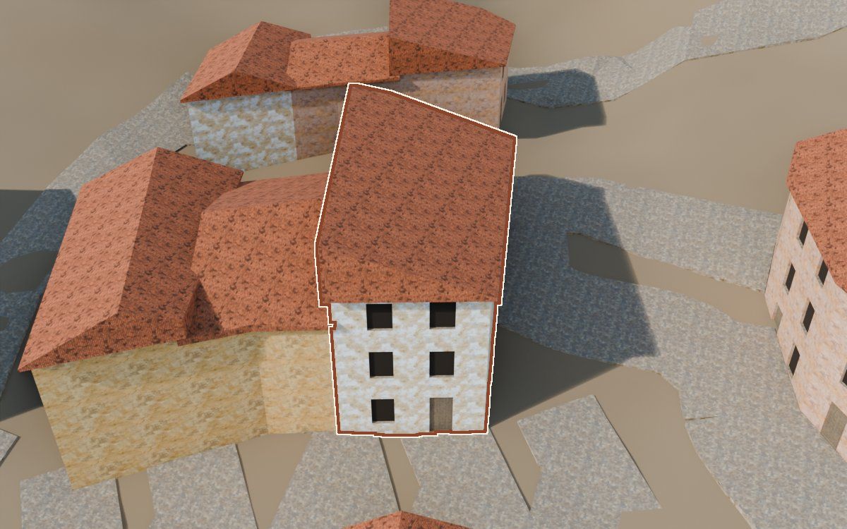 Casa del Carrer de Santa Agatòquia (Calle Santa Agatoclia) en la reconstrucción 3D, vista desde su calle, con su contorno marcado en teja entre las casas de alrededor