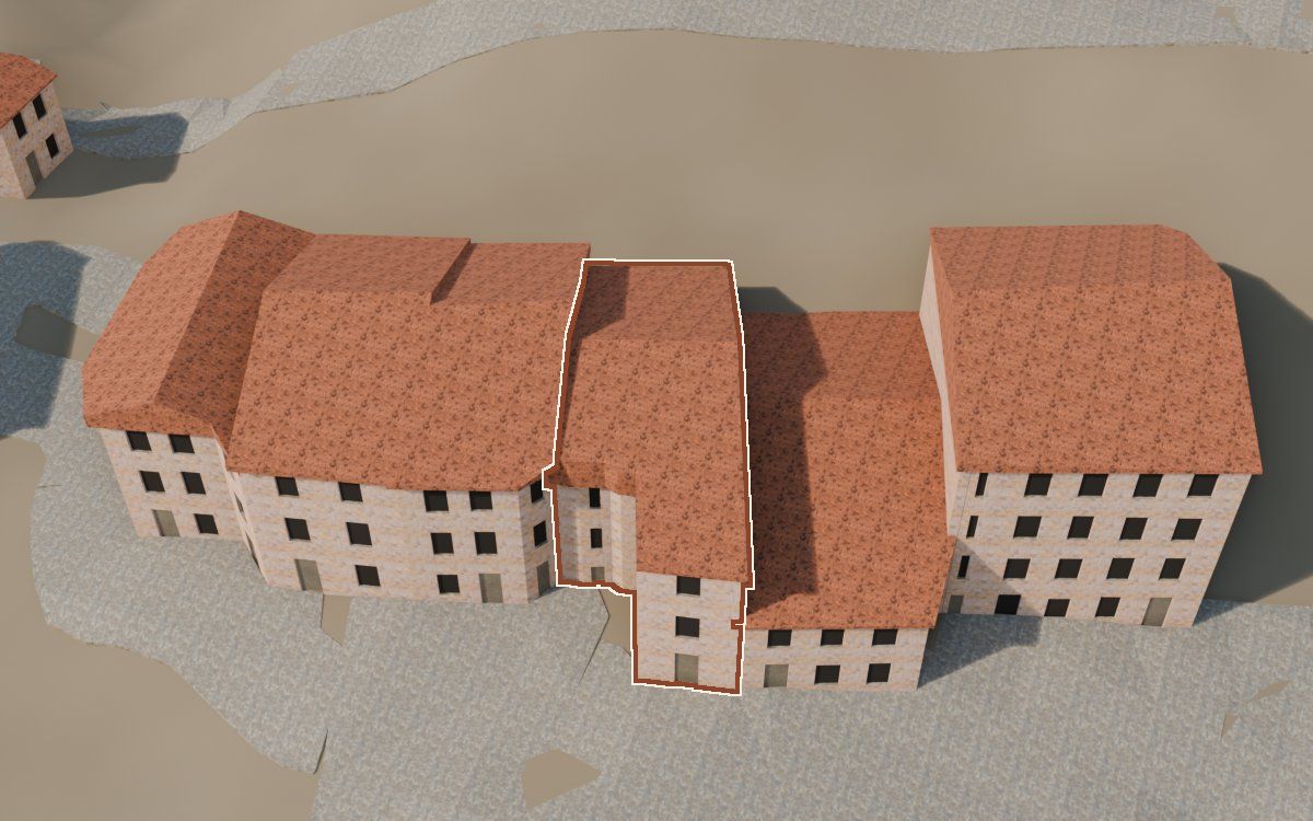 Manzana 61, n.º 4 en la reconstrucción 3D, vista desde el lado en que mejor se ve, con su contorno marcado en teja entre las casas de alrededor
