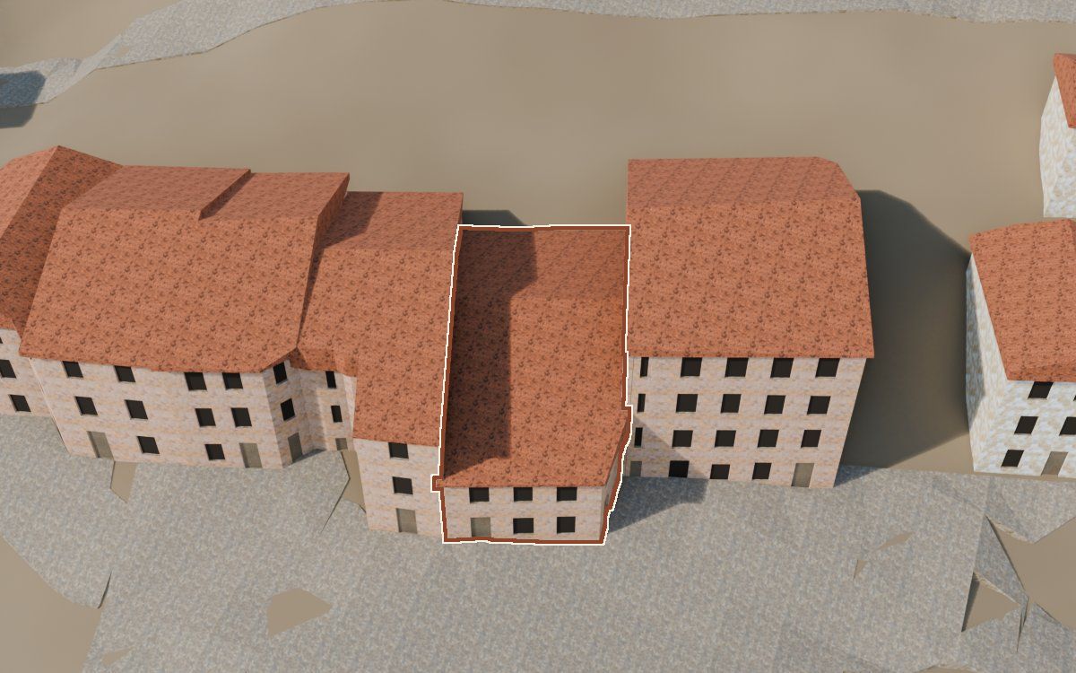 Manzana 61, n.º 5 en la reconstrucción 3D, vista desde el lado en que mejor se ve, con su contorno marcado en teja entre las casas de alrededor