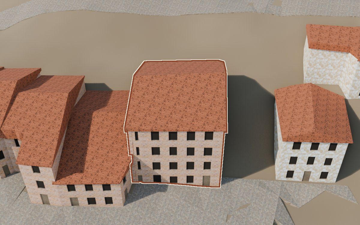 Manzana 61, n.º 6 en la reconstrucción 3D, vista desde su calle, con su contorno marcado en teja entre las casas de alrededor
