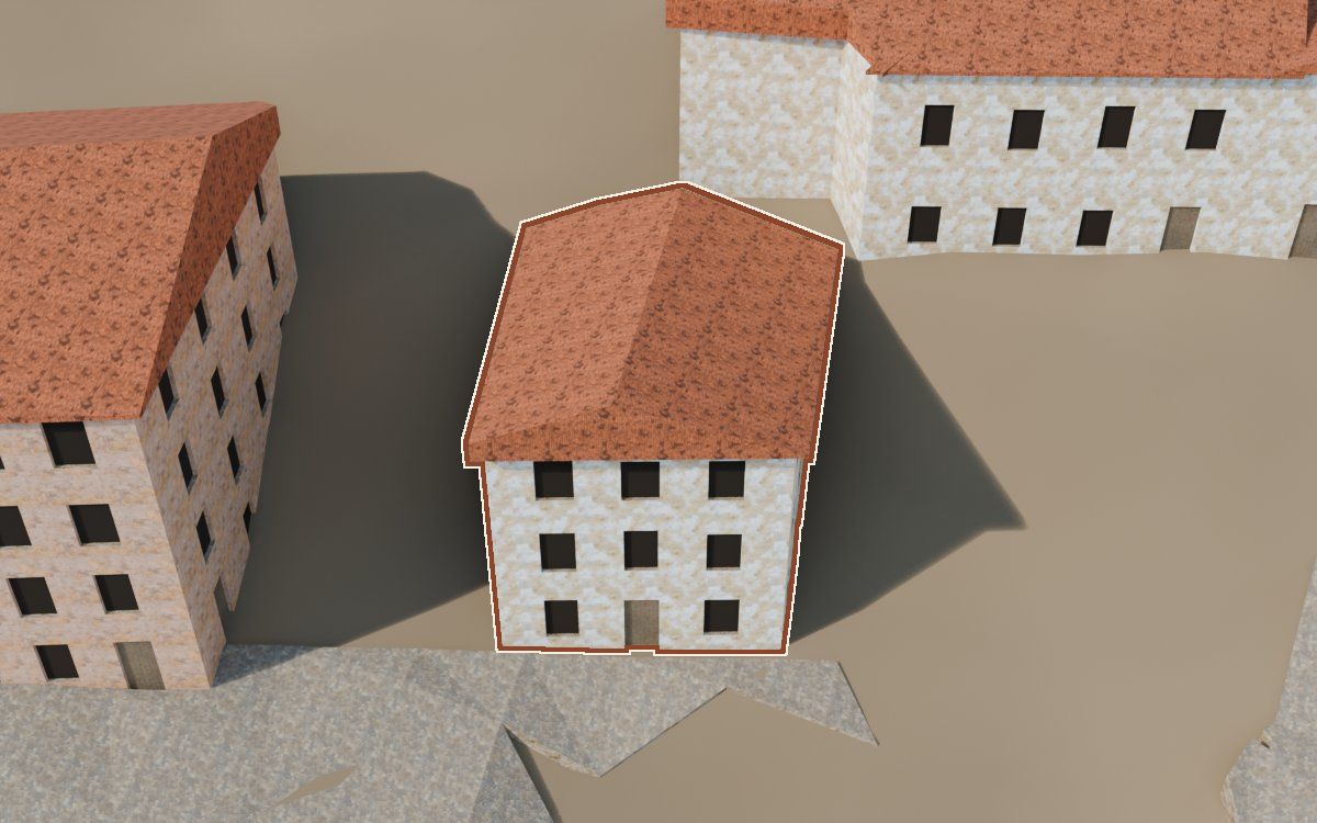 Casa del Carrer del Castell (Calle del Castillo) en la reconstrucción 3D, vista desde su calle, con su contorno marcado en teja entre las casas de alrededor