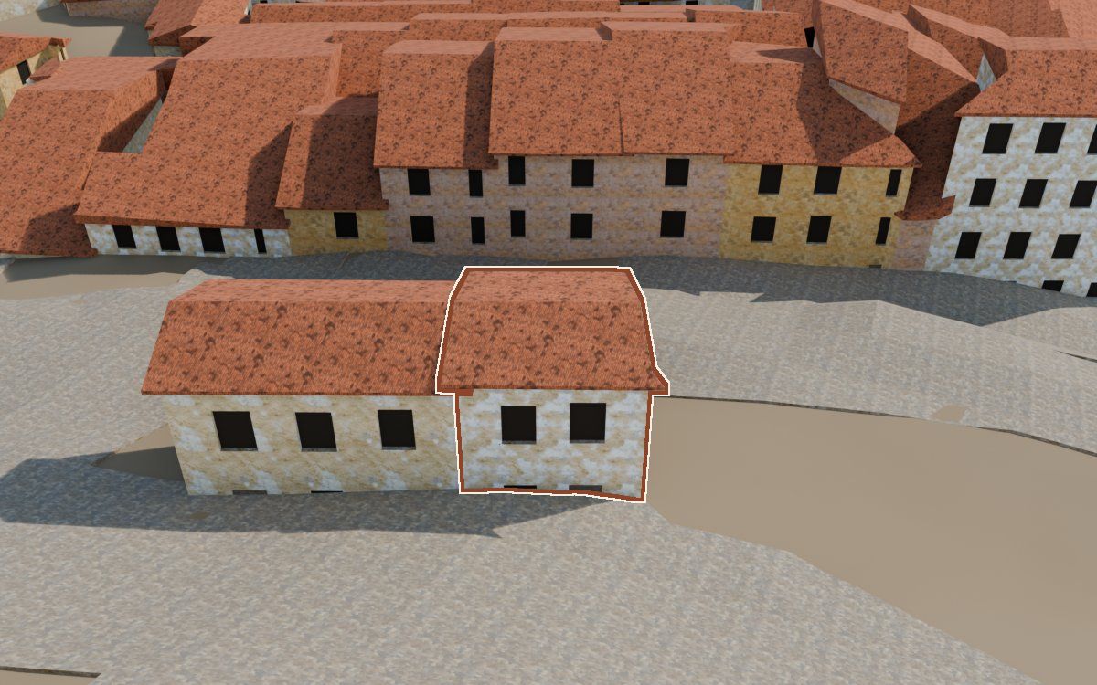 Casa del Carrer de les Penes (Calle de las Peñas) en la reconstrucción 3D, vista desde su calle, con su contorno marcado en teja entre las casas de alrededor