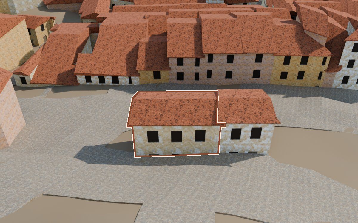 Casa del Carrer de les Penes (Calle de las Peñas) en la reconstrucción 3D, vista desde su calle, con su contorno marcado en teja entre las casas de alrededor