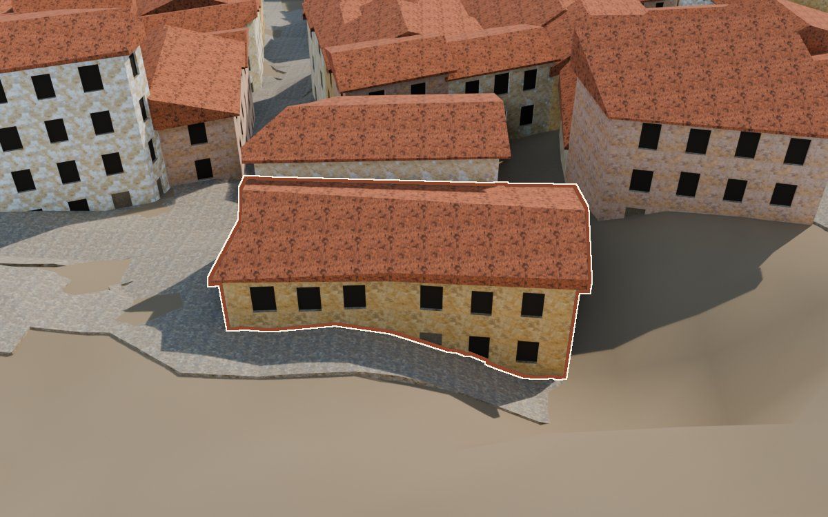 Casa del Carrer Muralla Vieja (Calle de la Muralla Vieja) en la reconstrucción 3D, vista desde su calle, con su contorno marcado en teja entre las casas de alrededor