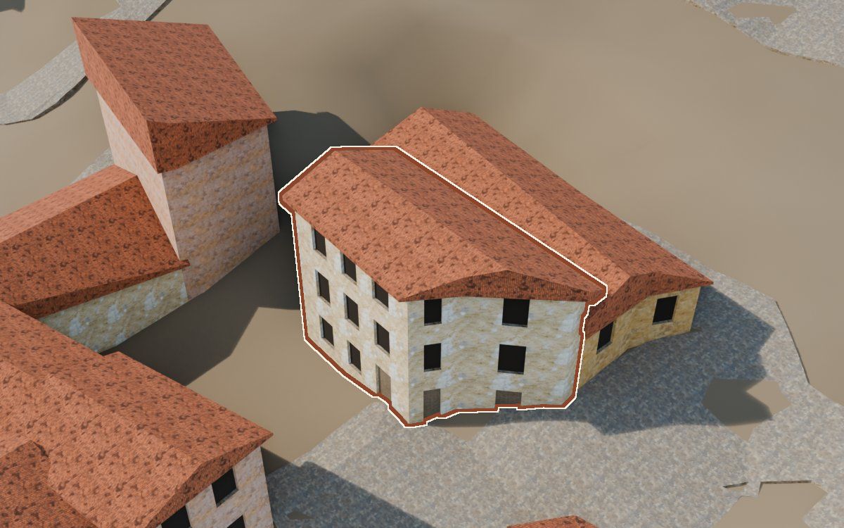 Casa del Carrer de les Pedres (Calle de las Piedras) en la reconstrucción 3D, vista desde su calle, con su contorno marcado en teja entre las casas de alrededor