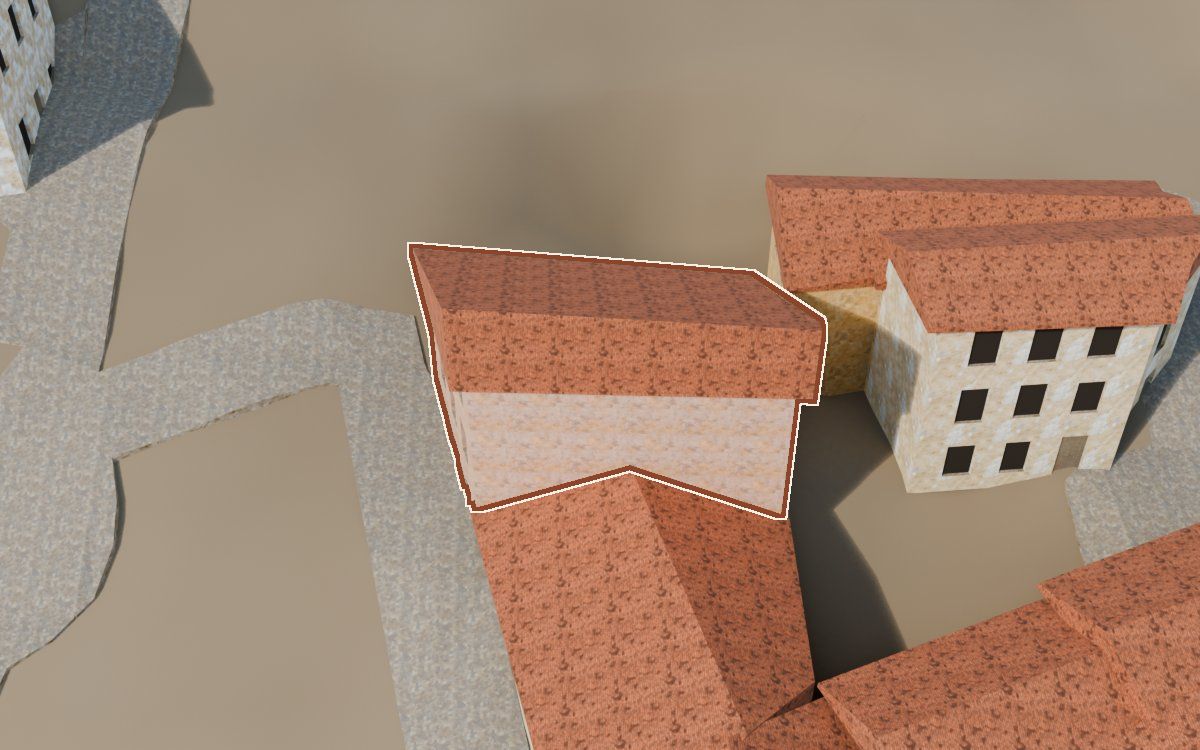Casa del Carrer Sepulcro (Calle del Sepulcro) en la reconstrucción 3D, vista desde su calle, con su contorno marcado en teja entre las casas de alrededor