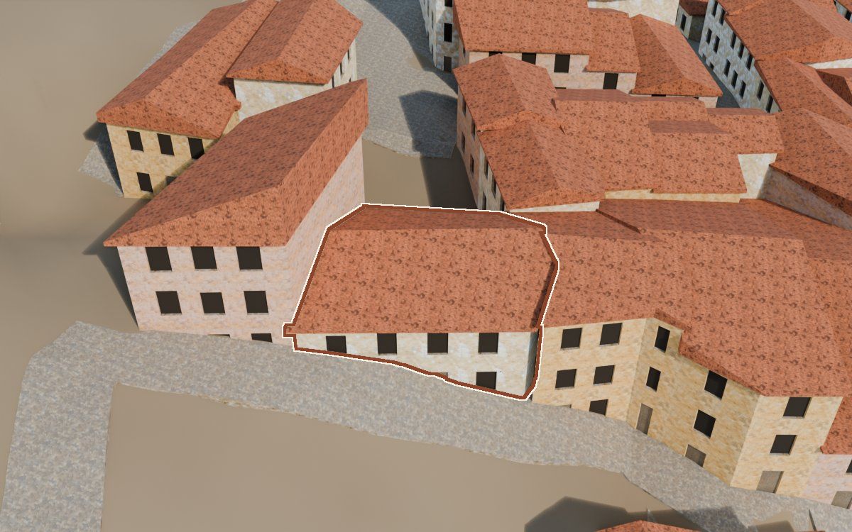 Casa del Carrer Sepulcro (Calle del Sepulcro) en la reconstrucción 3D, vista desde su calle, con su contorno marcado en teja entre las casas de alrededor