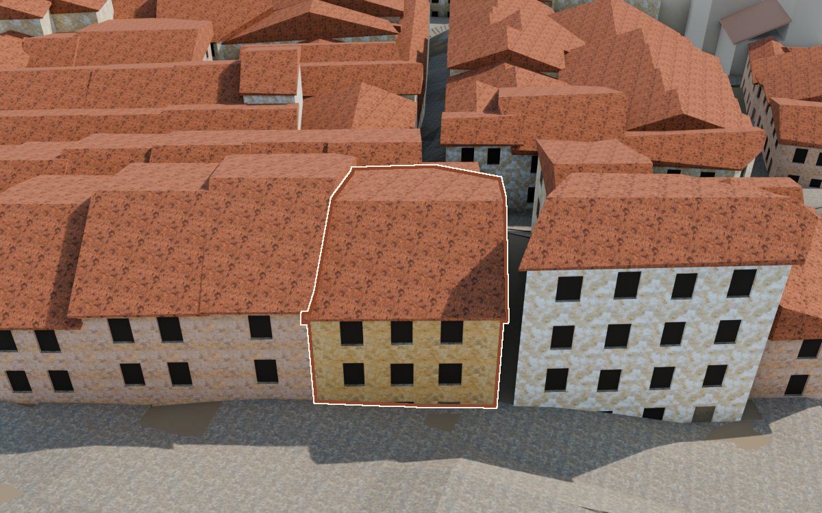 Manzana 53, n.º 16 y 7 en la reconstrucción 3D, vista desde su calle, con su contorno marcado en teja entre las casas de alrededor
