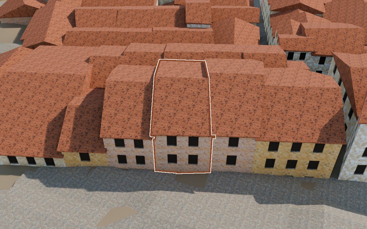 Manzana 53, n.º 18 en la reconstrucción 3D, vista desde el lado en que mejor se ve, con su contorno marcado en teja entre las casas de alrededor